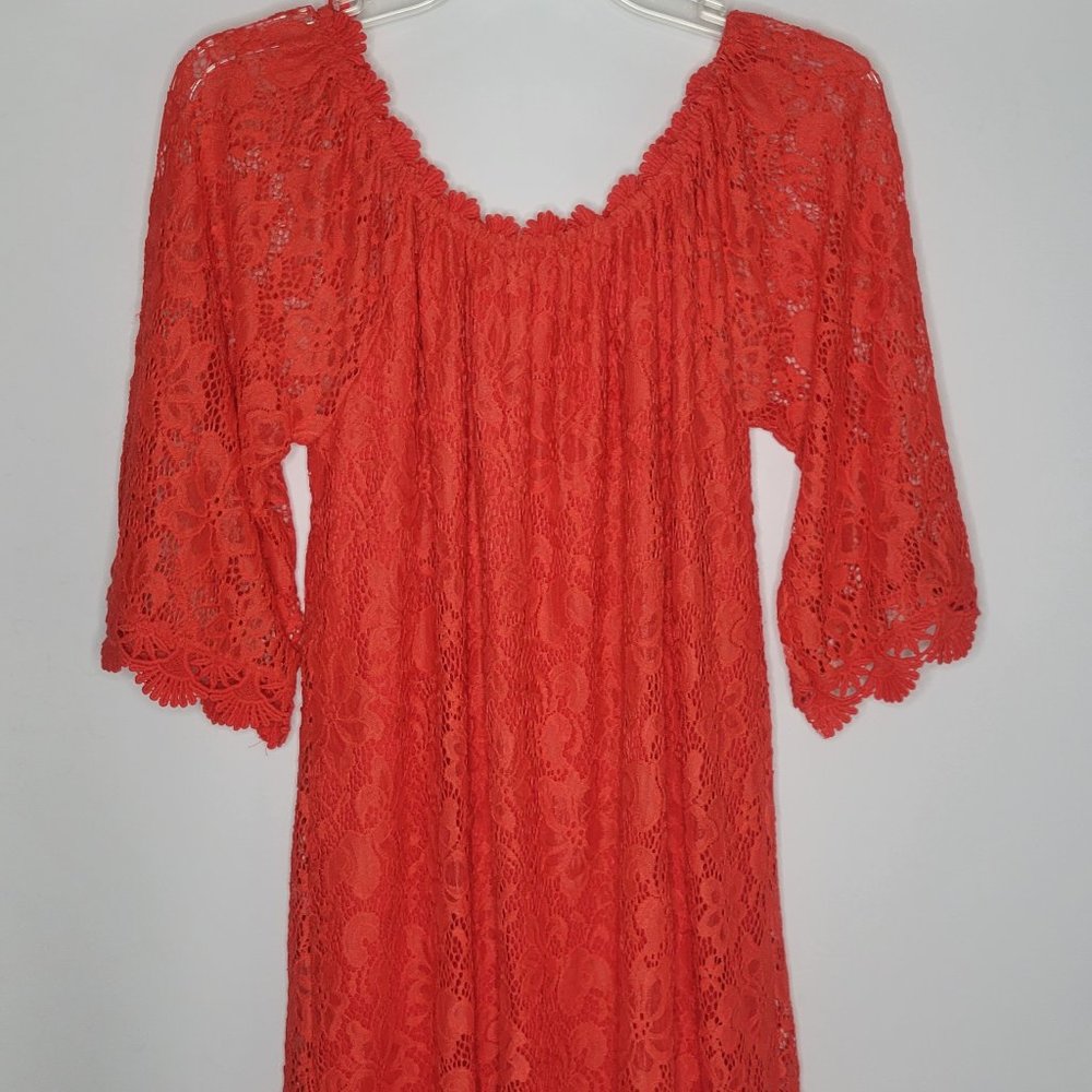 Umgee Dress Size M Red Off the Shoulder Floral Lace Crochet Mini 3/4 Sleeve